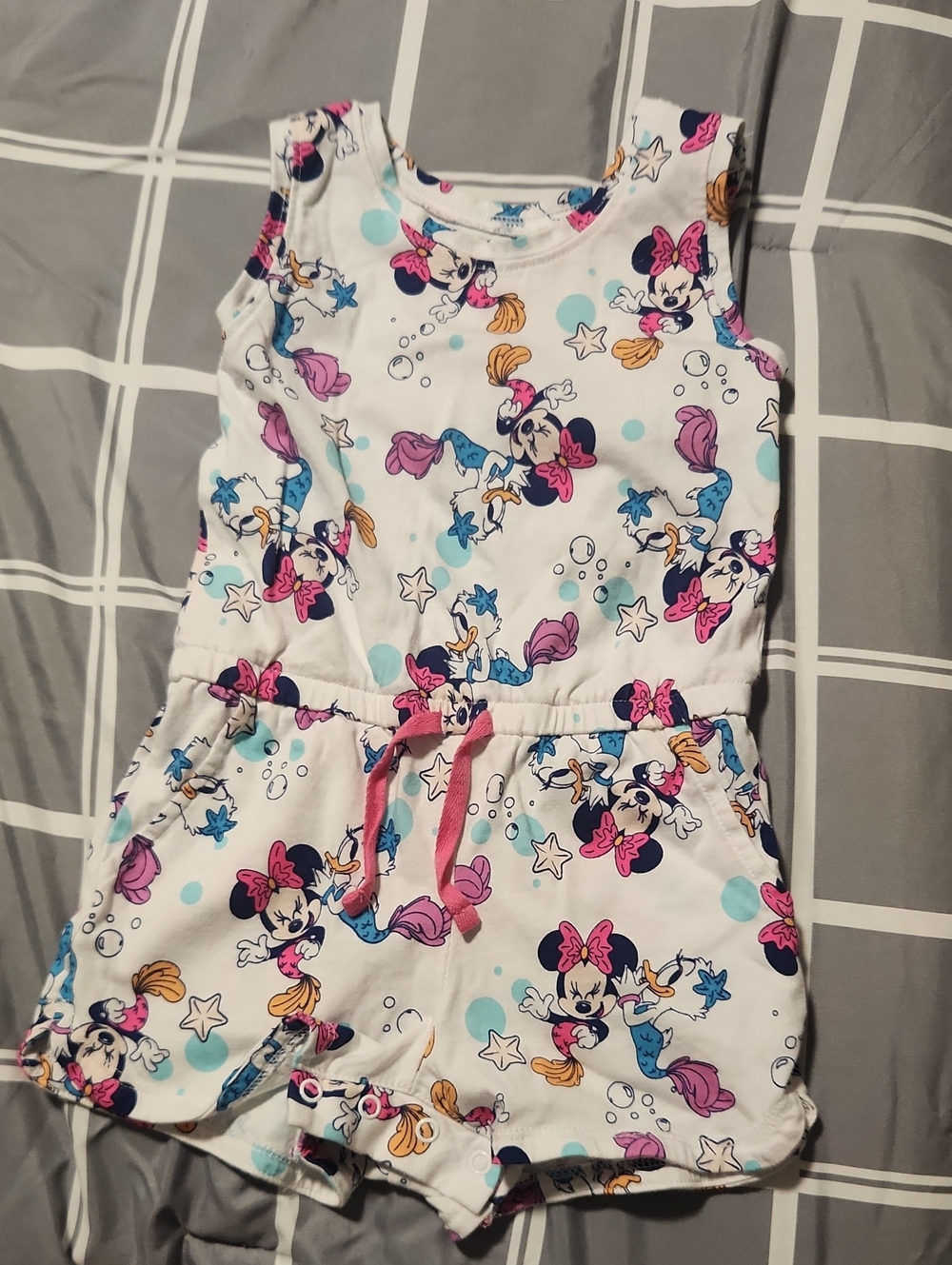 Disney White Minnie Mouse Mermaid Print Romper with Pink Drawstring